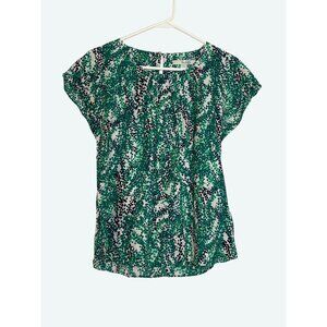 Boden Ravello Silk Blend‎ Cap Sleeve Blouse Top Green Black Pleated Neckline 2